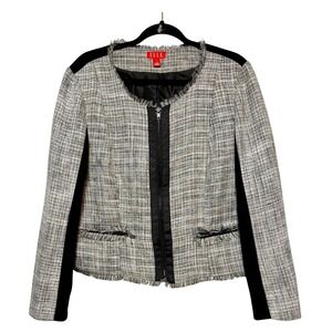 Elle Preppy‎ Chic Tweed Frayed Trim Zip Blazer Jacket Womens Size L Femme Fatal